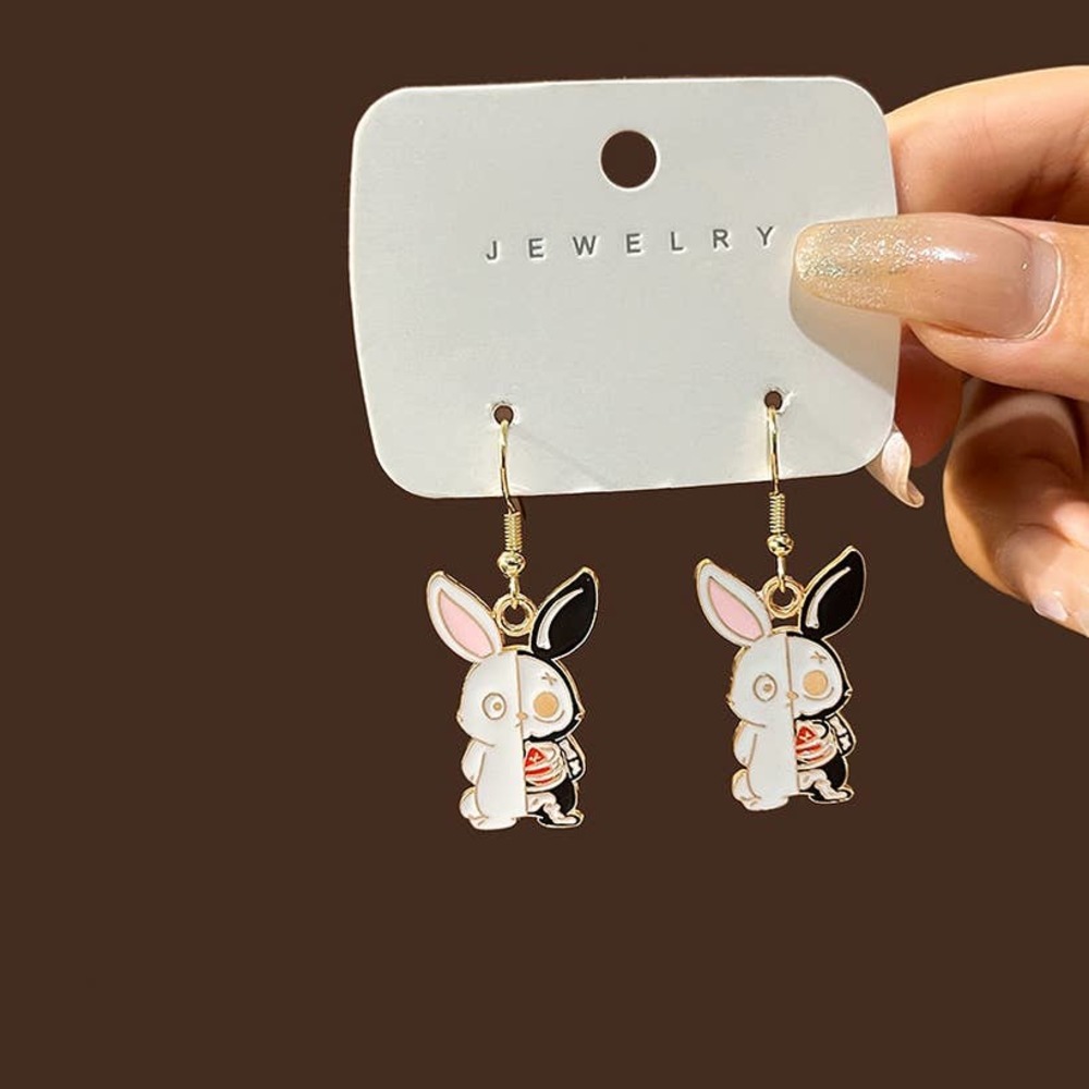 Enamel Skeleton Rabbit Fishhook French Loop Dangle Earrings - Picture 2 of 3